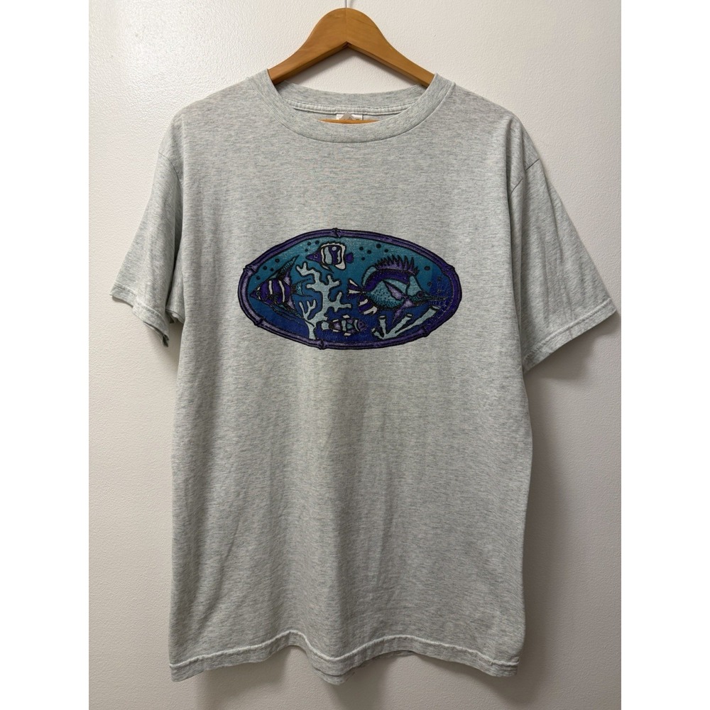 Vintage Fish Aquarium Nature Art Promo Gray T Shirt Men's Large 90s Y2K FOL